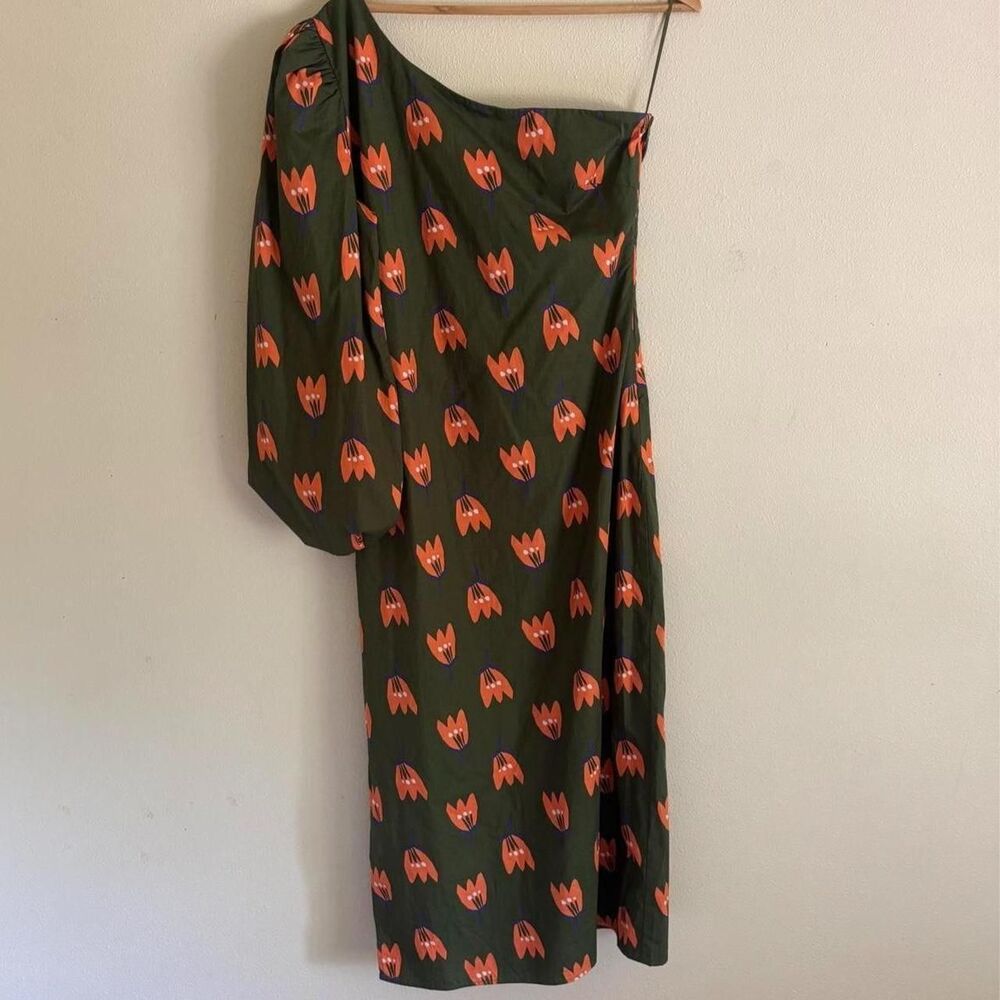 Karlie One Shoulder Green Orange Cotton poplin Long Sleeve Tulip Dress Large